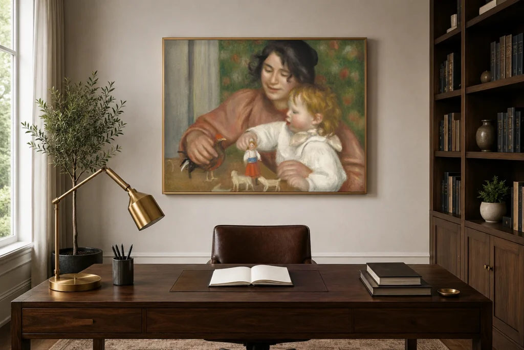 Framed print of Child with Toys – Gabrielle and the Artist’s Son, Jean hanging on a wall in a furnished room