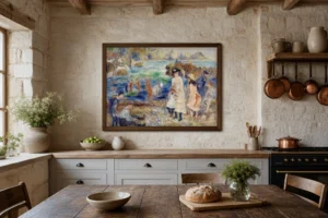 Framed print of Children on the Seashore, Guernsey (Enfants au bord de la mer à Guernesey) hanging on a wall in a furnished room