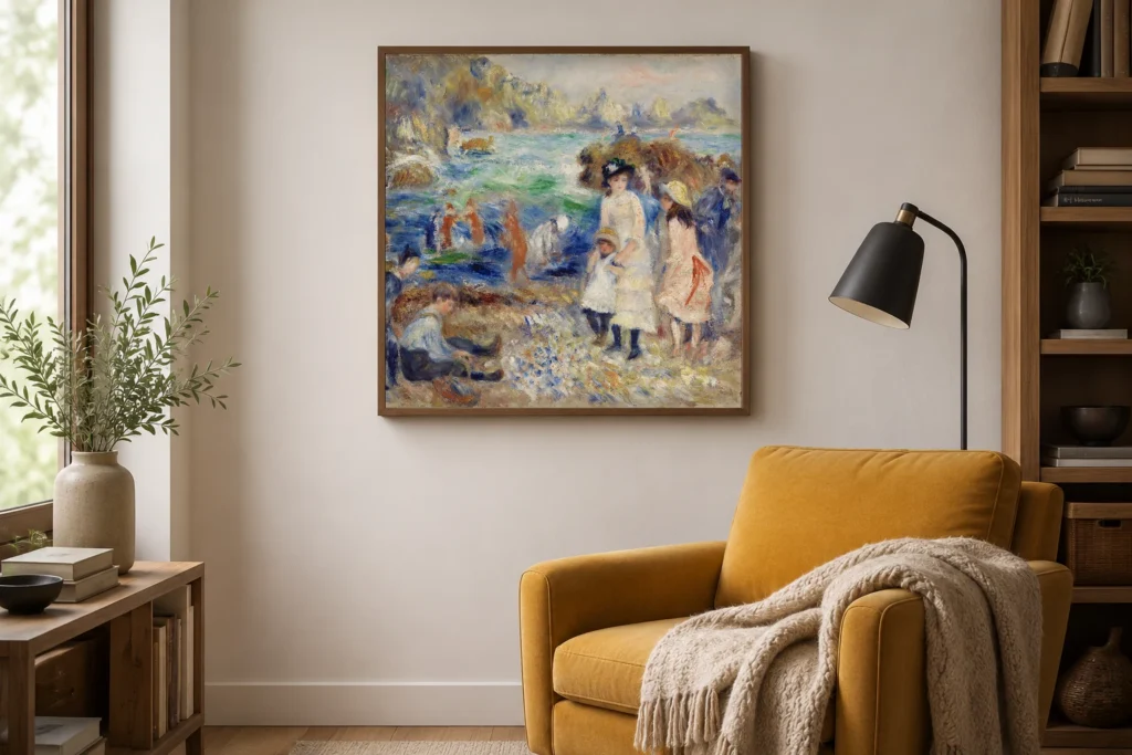 Framed print of Children on the Seashore, Guernsey (Enfants au bord de la mer à Guernesey) hanging on a wall in a furnished room