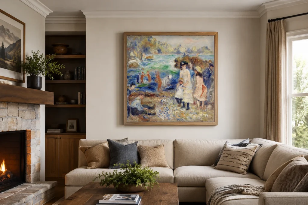 Framed print of Children on the Seashore, Guernsey (Enfants au bord de la mer à Guernesey) hanging on a wall in a furnished room