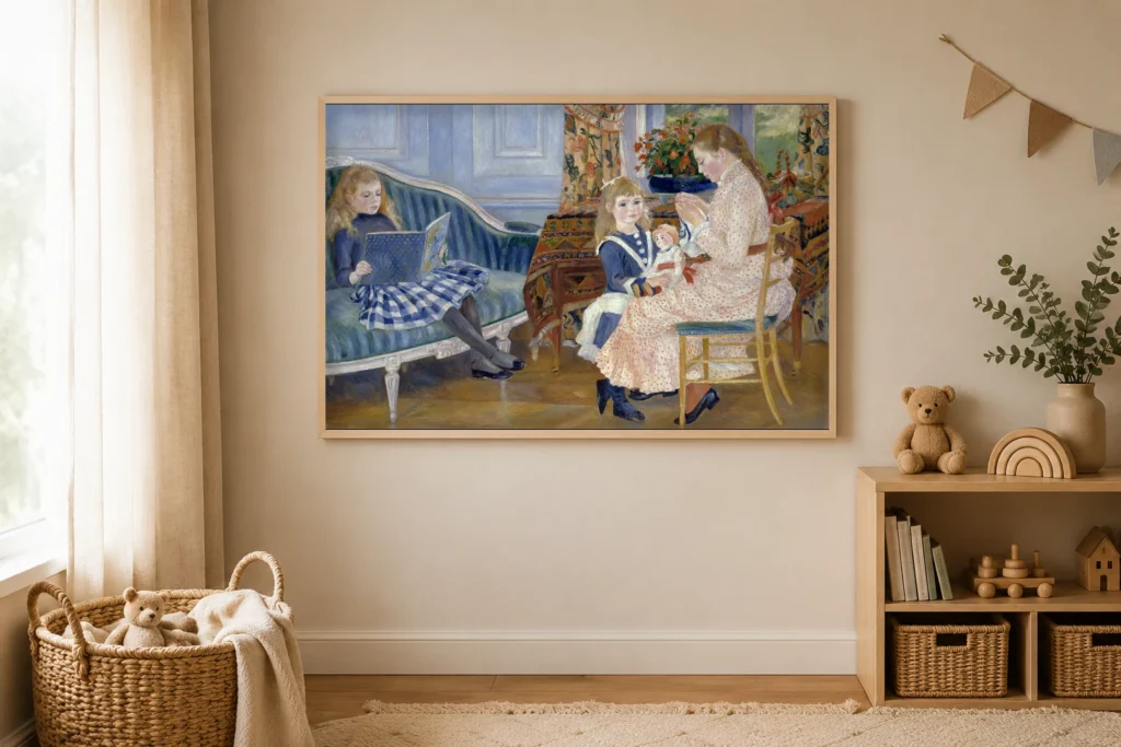 Framed print of Children’s Afternoon at Wargemont hanging on a wall in a furnished room