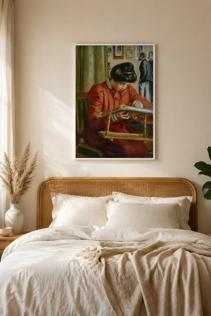 Framed print of Christine Lerolle Embroidering hanging on a wall in a furnished room