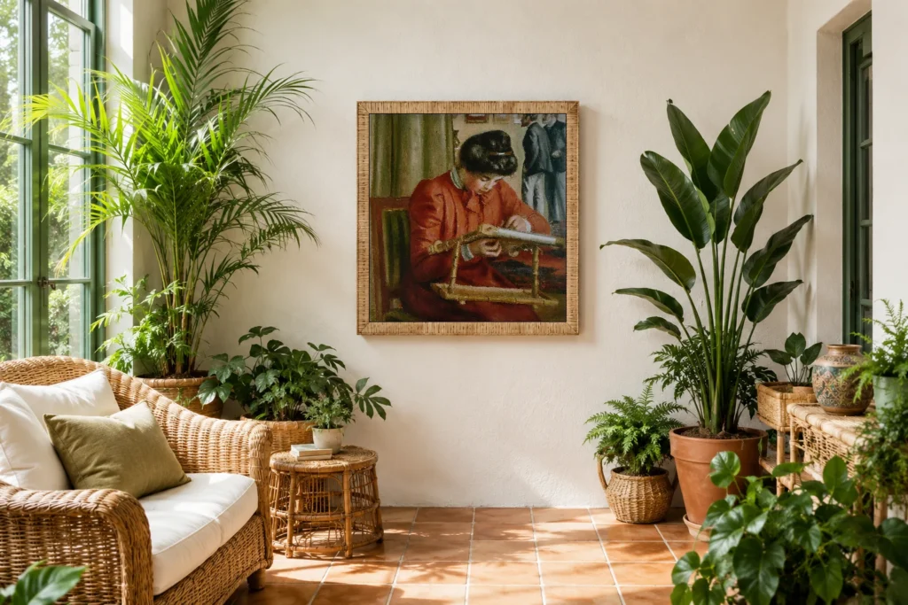 Framed print of Christine Lerolle Embroidering hanging on a wall in a furnished room
