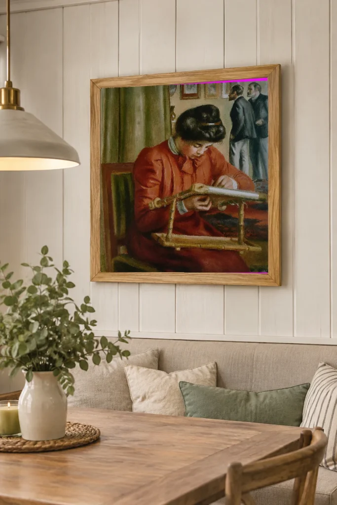 Framed print of Christine Lerolle Embroidering hanging on a wall in a furnished room