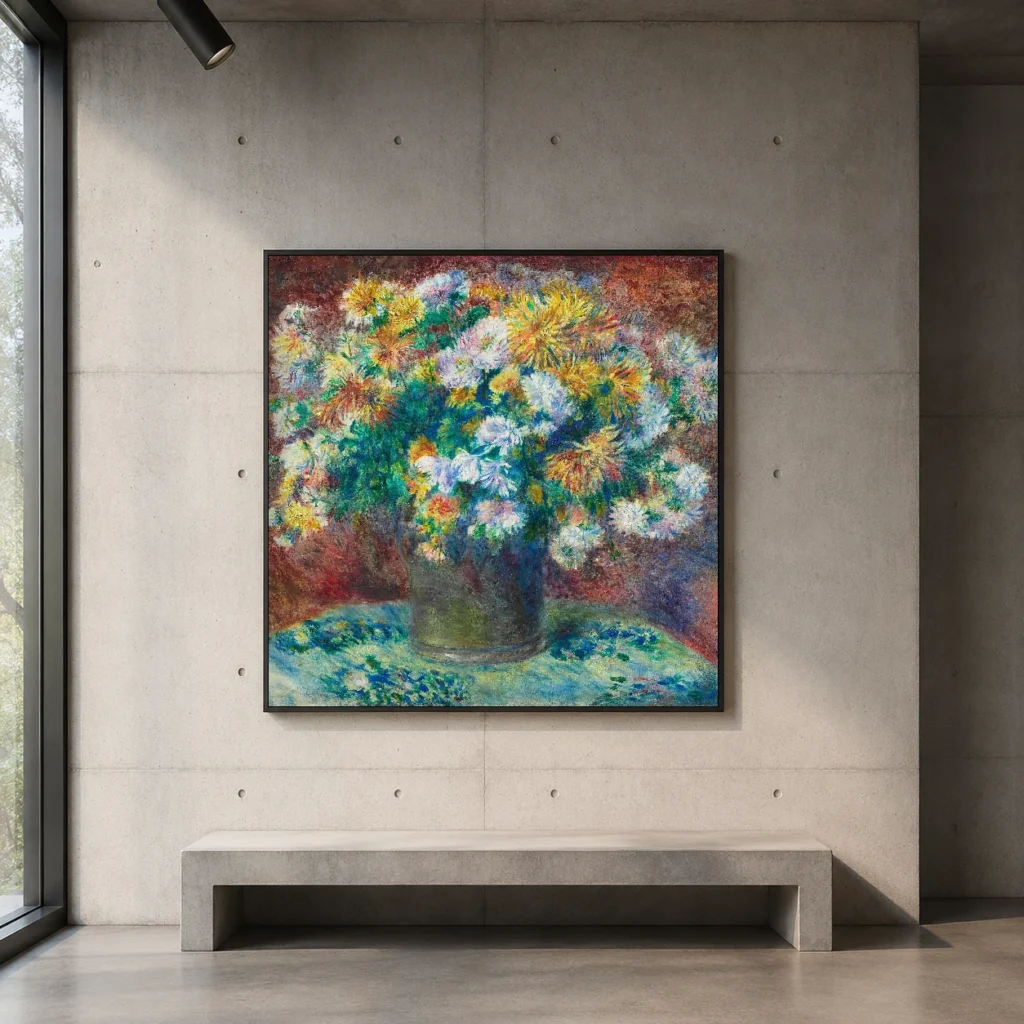 Framed print of Chrysanthemums hanging on a wall in a furnished room