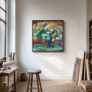Framed print of Chrysanthemums hanging on a wall in a furnished room