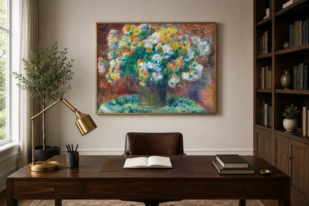 Framed print of Chrysanthemums hanging on a wall in a furnished room