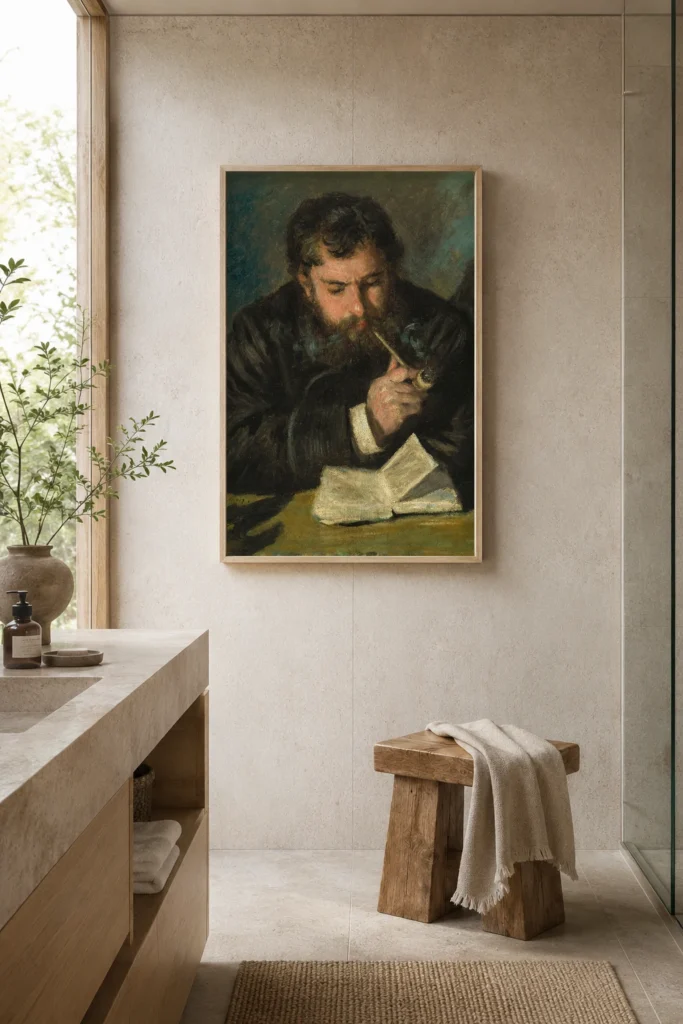 Framed print of Claude Monet hanging on a wall in a furnished room