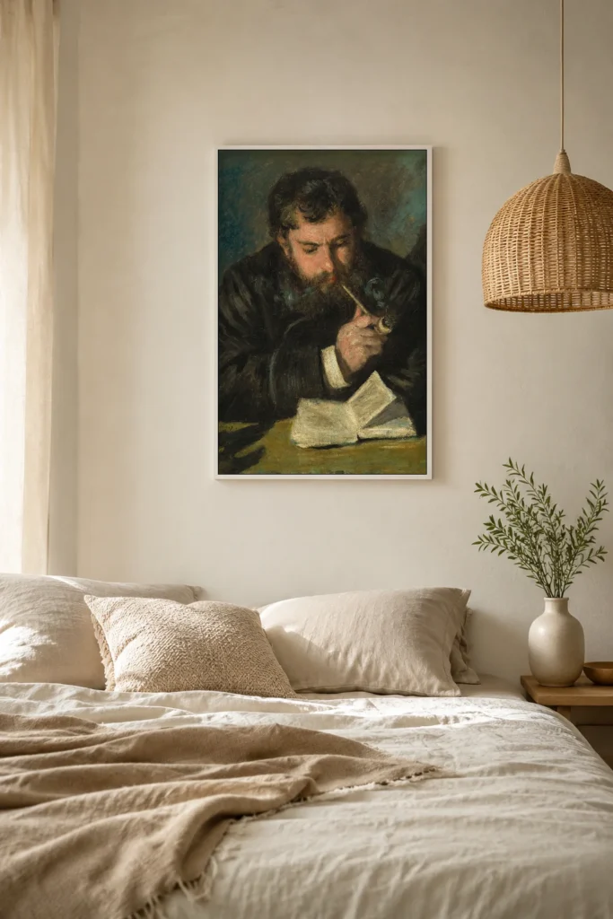 Framed print of Claude Monet hanging on a wall in a furnished room