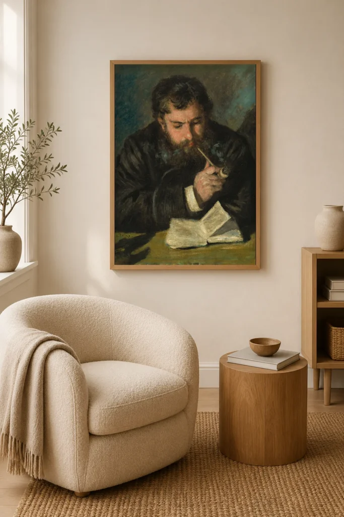 Framed print of Claude Monet hanging on a wall in a furnished room