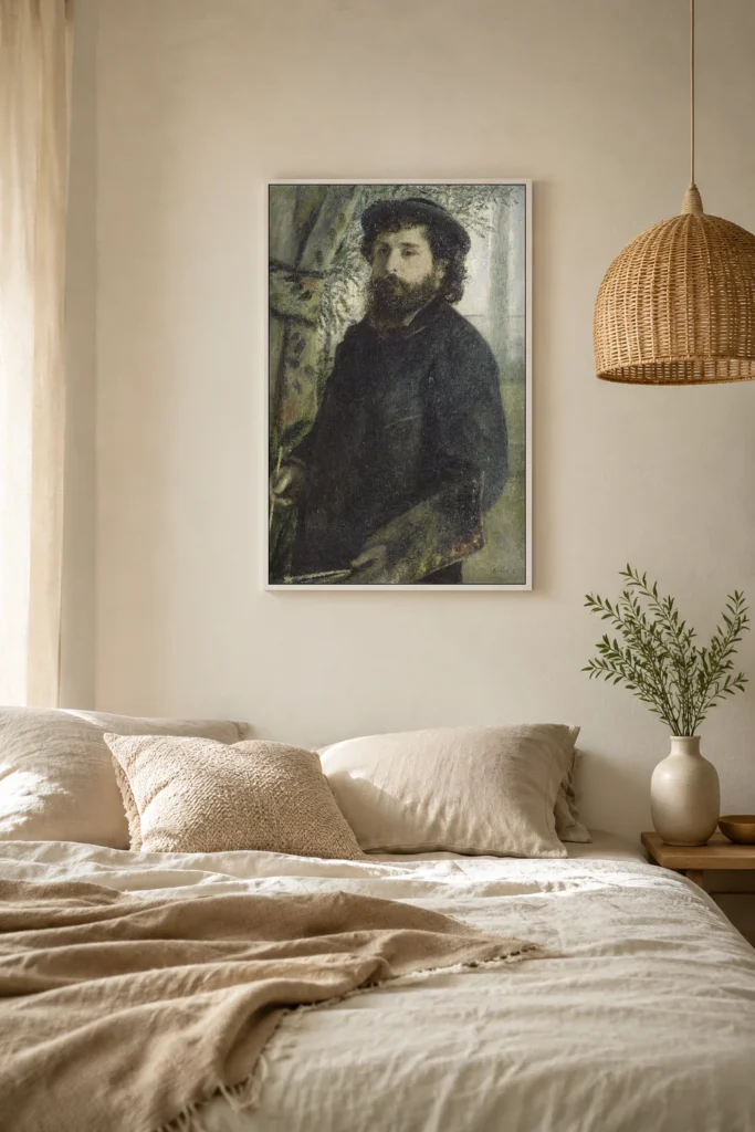 Framed print of Claude Monet hanging on a wall in a furnished room