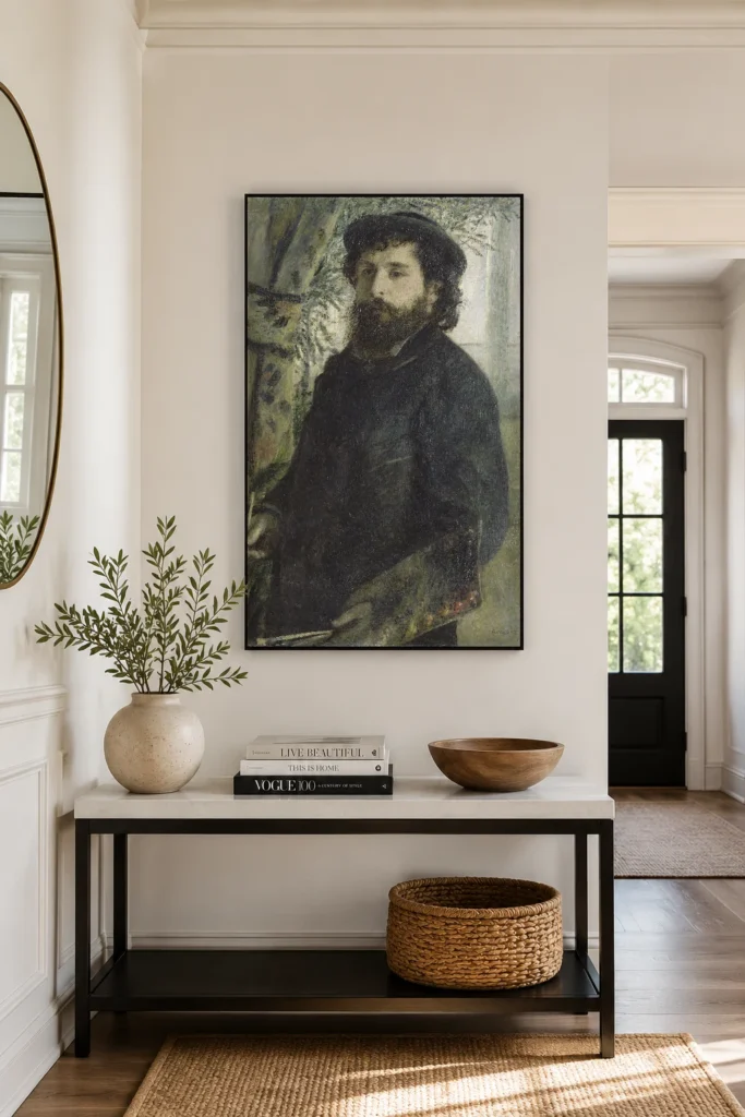 Framed print of Claude Monet hanging on a wall in a furnished room
