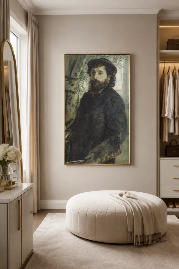 Framed print of Claude Monet hanging on a wall in a furnished room