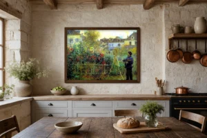 Framed print of Claude Monet Painting in His Garden at Argenteuil hanging on a wall in a furnished room