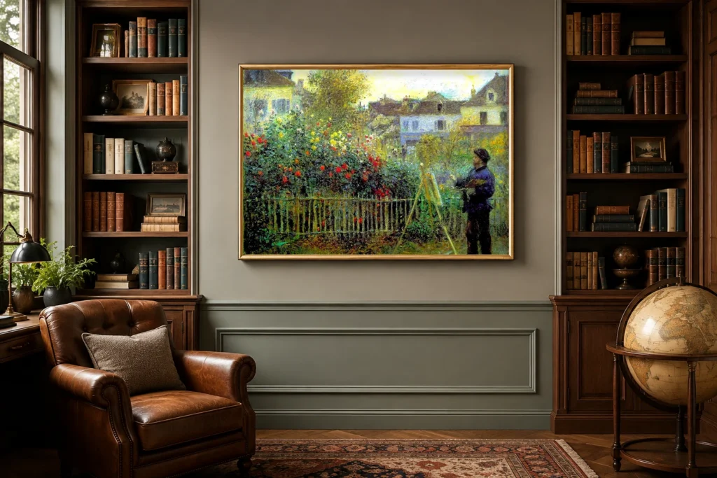 Framed print of Claude Monet Painting in His Garden at Argenteuil hanging on a wall in a furnished room