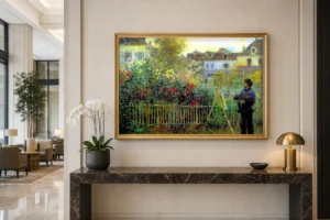 Framed print of Claude Monet Painting in His Garden at Argenteuil hanging on a wall in a furnished room