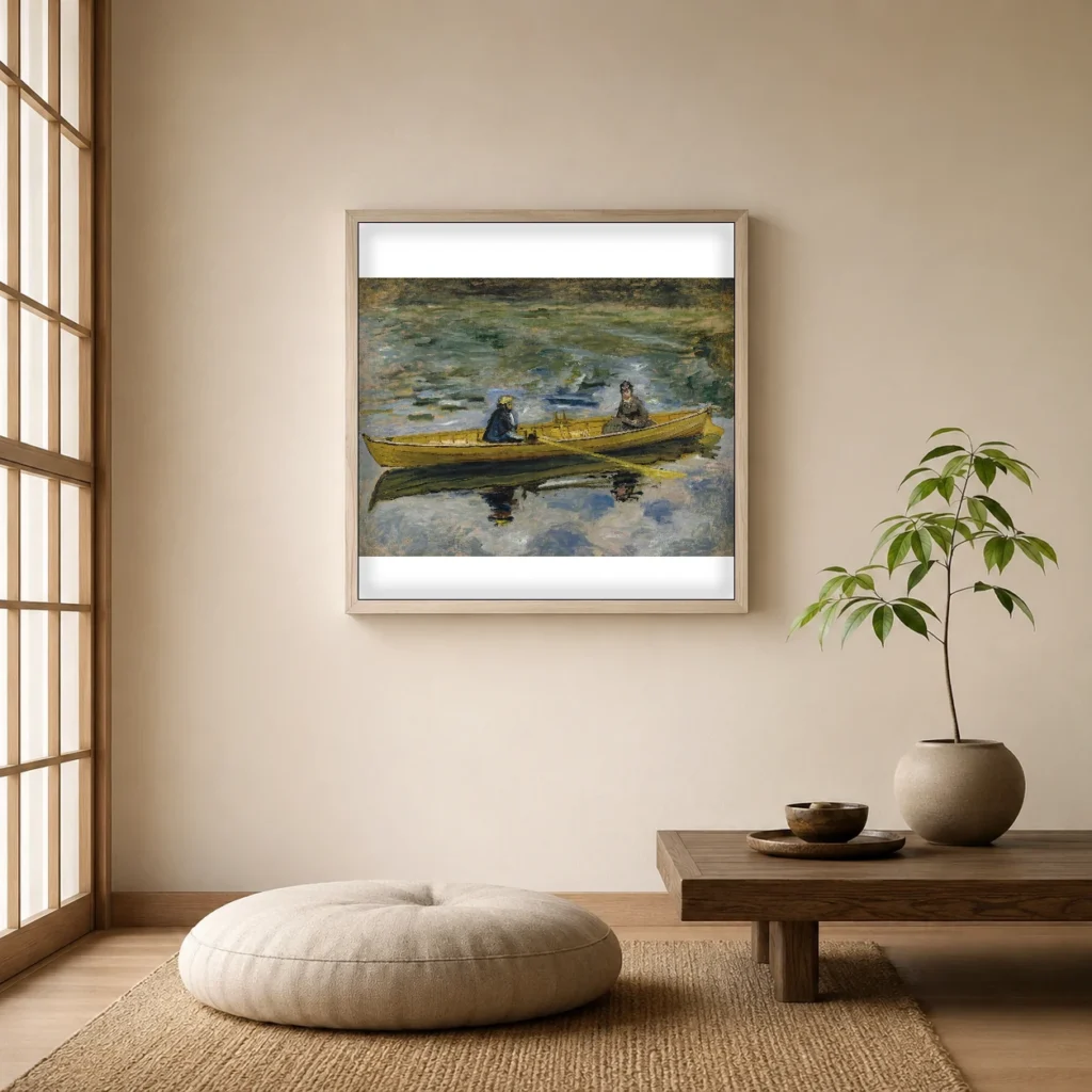 Framed print of Claude Monet and Mme Henriot hanging on a wall in a furnished room
