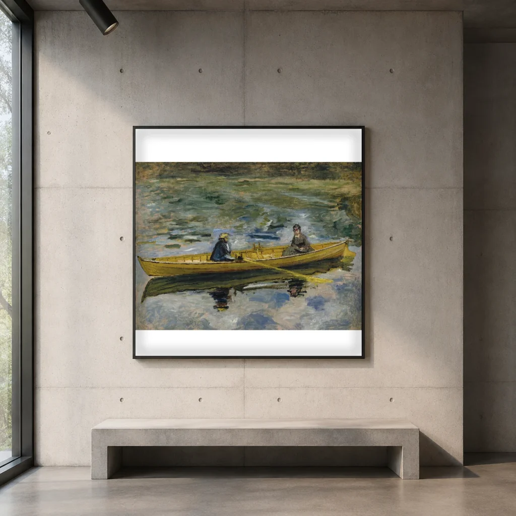 Framed print of Claude Monet and Mme Henriot hanging on a wall in a furnished room