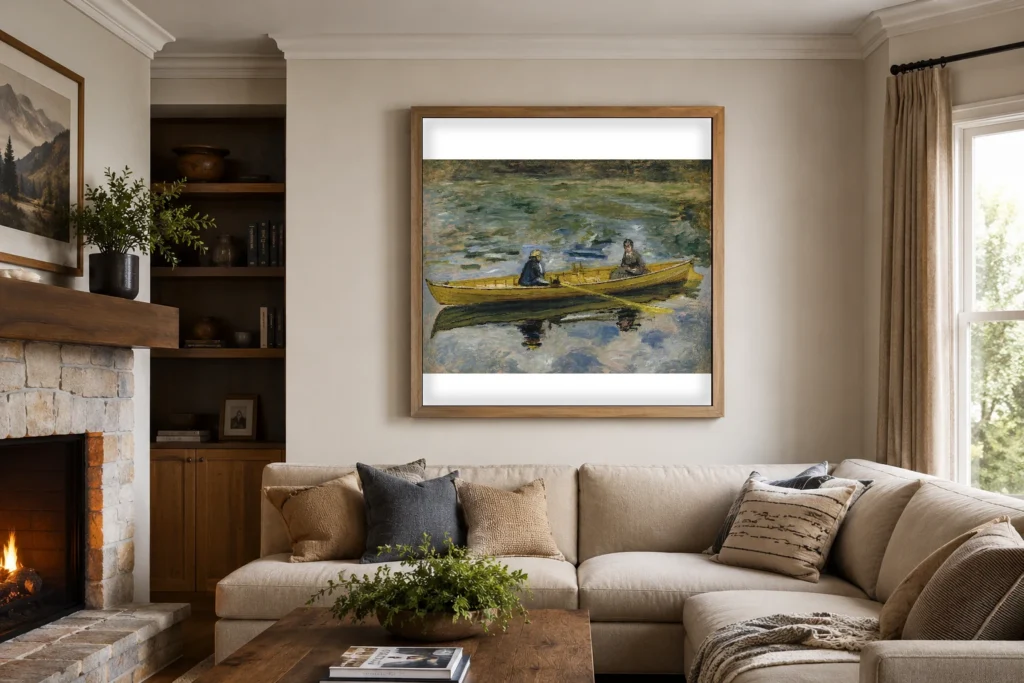 Framed print of Claude Monet and Mme Henriot hanging on a wall in a furnished room