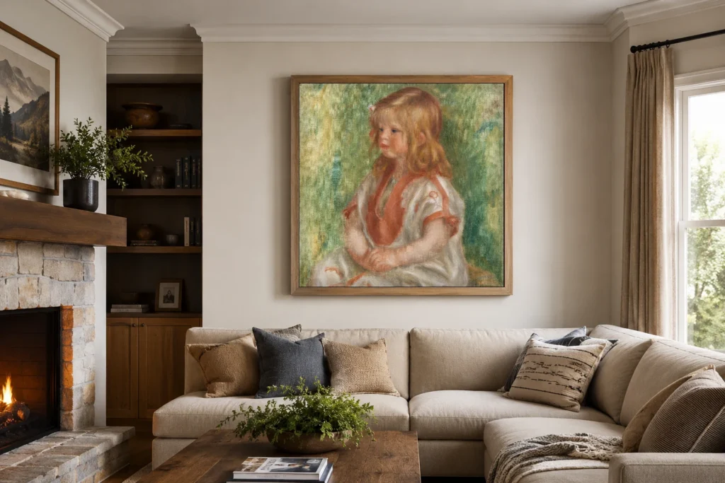 Framed print of Claude Renoir hanging on a wall in a furnished room