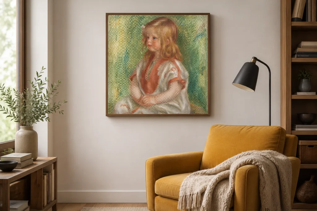 Framed print of Claude Renoir hanging on a wall in a furnished room