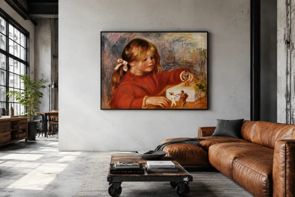 Framed print of Claude Renoir, playing hanging on a wall in a furnished room