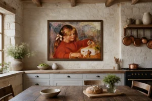 Framed print of Claude Renoir, playing hanging on a wall in a furnished room