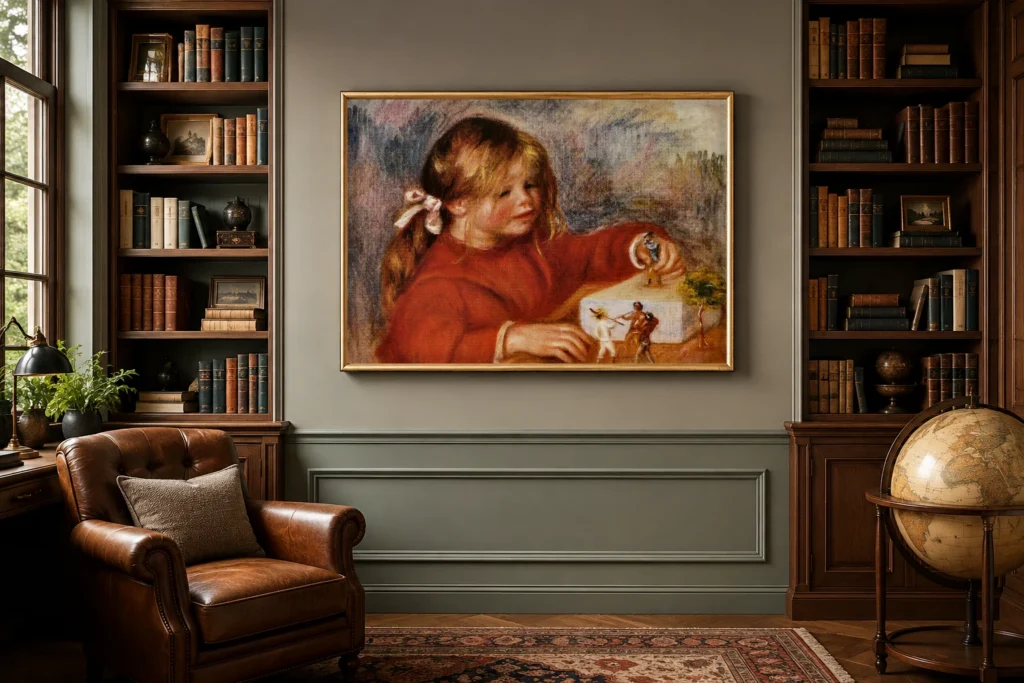 Framed print of Claude Renoir, playing hanging on a wall in a furnished room