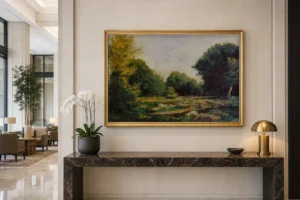 Framed print of Clearing in the Woods hanging on a wall in a furnished room