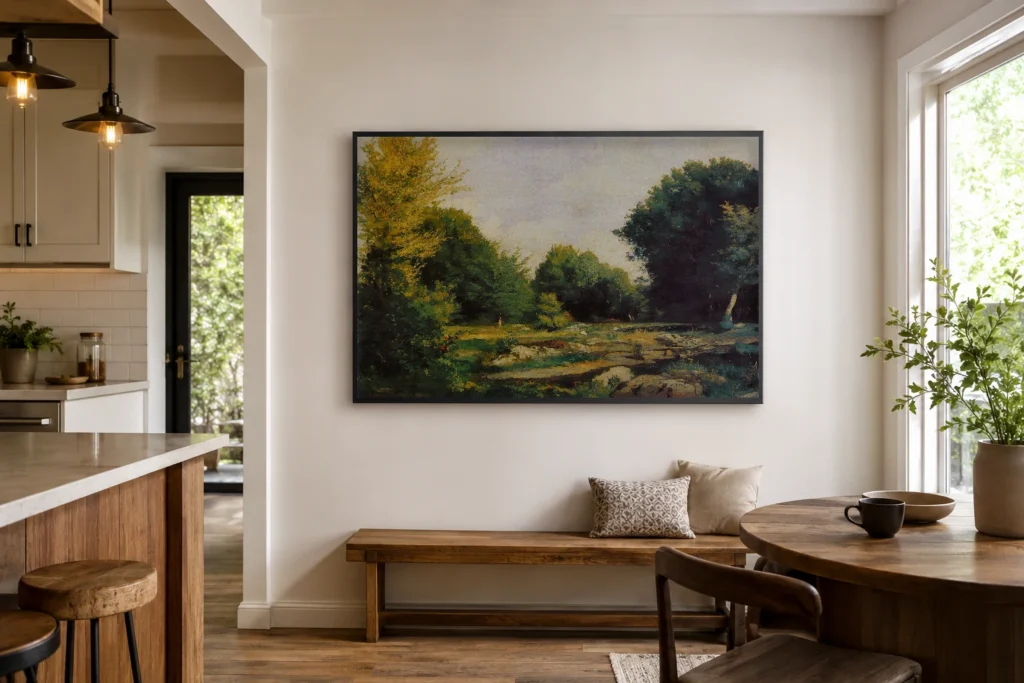 Framed print of Clearing in the Woods hanging on a wall in a furnished room