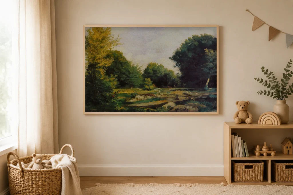 Framed print of Clearing in the Woods hanging on a wall in a furnished room
