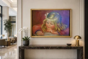 Framed print of Coco hanging on a wall in a furnished room