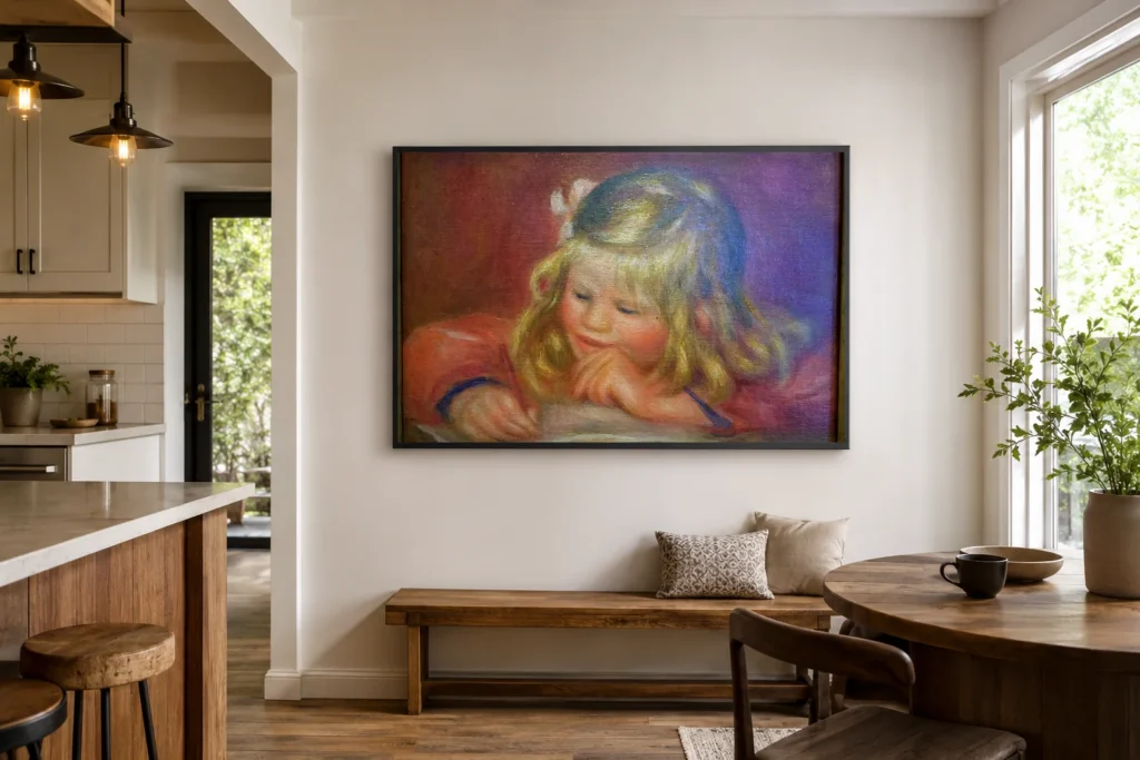 Framed print of Coco hanging on a wall in a furnished room