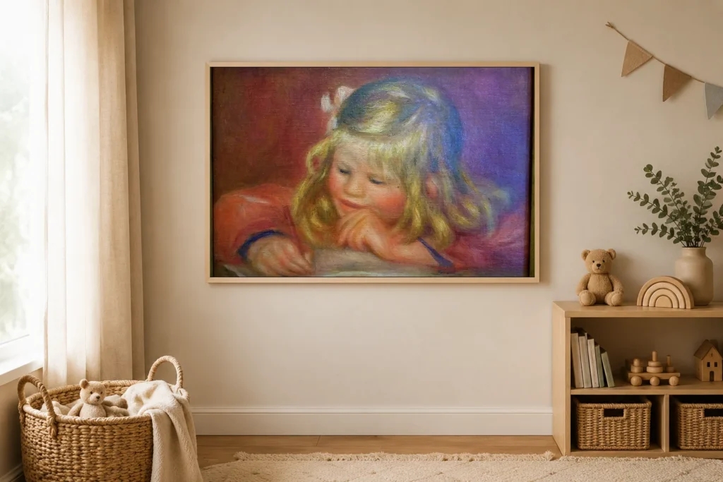 Framed print of Coco hanging on a wall in a furnished room