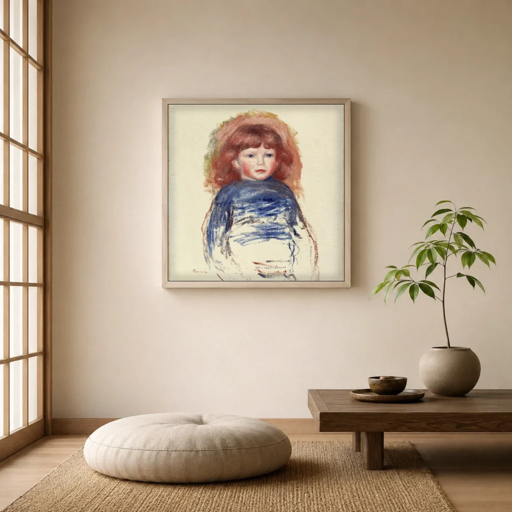 Framed print of Coco hanging on a wall in a furnished room