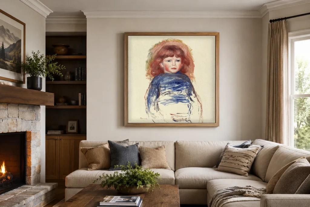 Framed print of Coco hanging on a wall in a furnished room