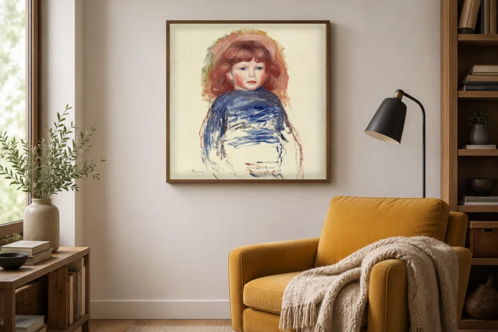 Framed print of Coco hanging on a wall in a furnished room