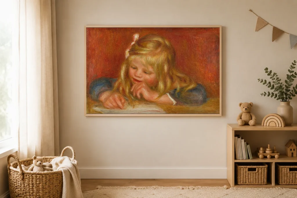 Framed print of Coco Reading hanging on a wall in a furnished room