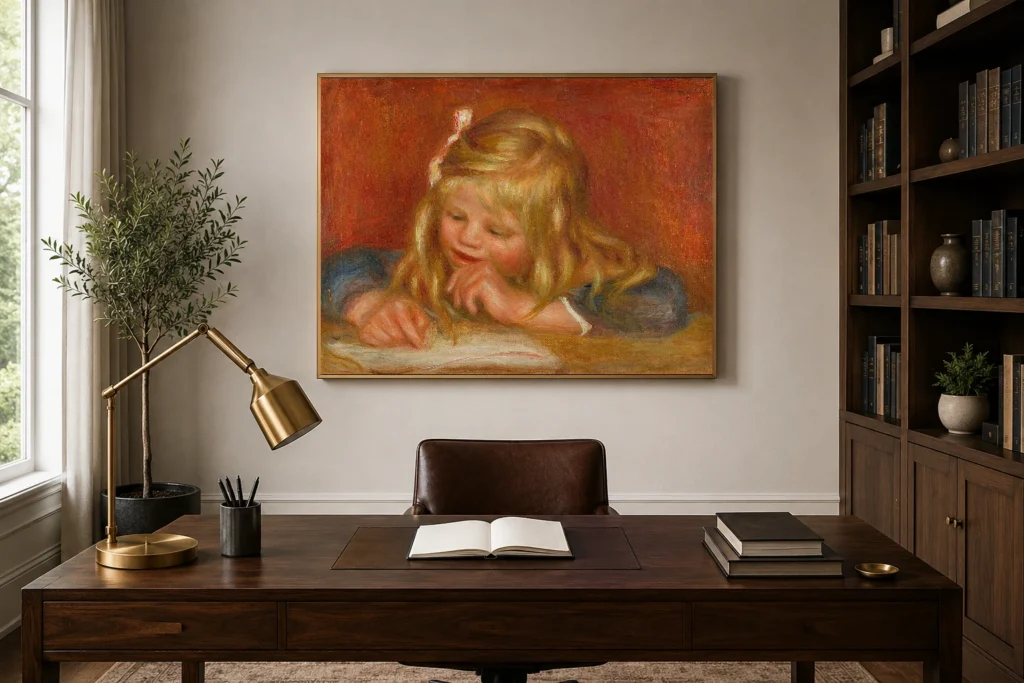 Framed print of Coco Reading hanging on a wall in a furnished room