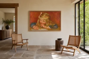 Framed print of Coco Reading hanging on a wall in a furnished room
