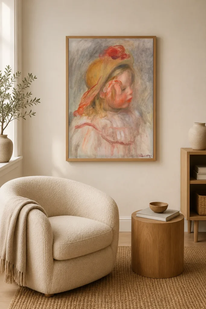 Framed print of Coco in a Straw Hat hanging on a wall in a furnished room
