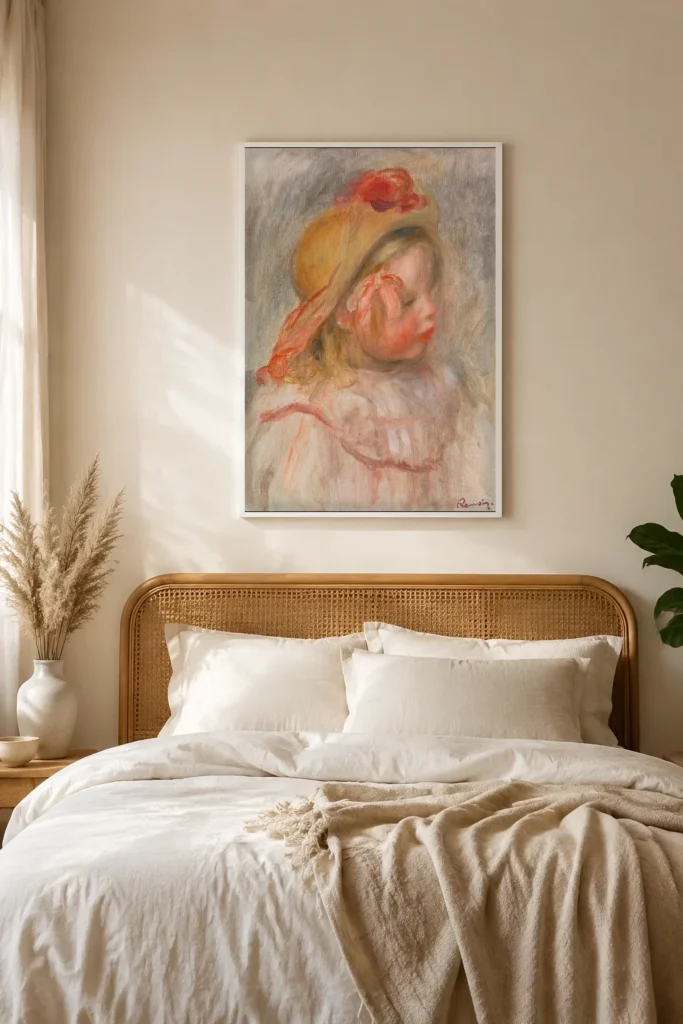 Framed print of Coco in a Straw Hat hanging on a wall in a furnished room