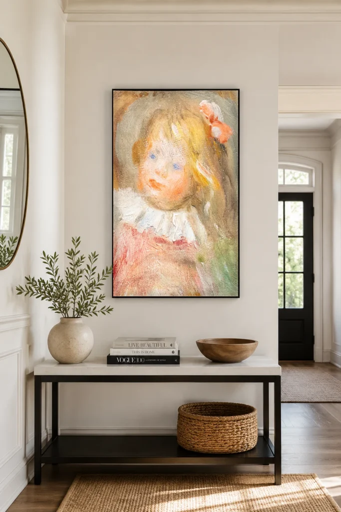 Framed print of Coco in Red Costume hanging on a wall in a furnished room