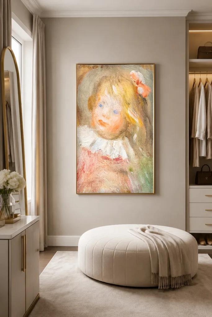 Framed print of Coco in Red Costume hanging on a wall in a furnished room