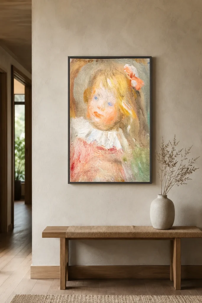 Framed print of Coco in Red Costume hanging on a wall in a furnished room