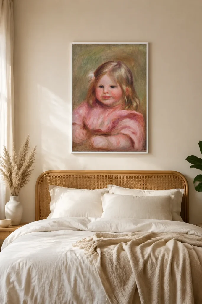 Framed print of Coco on a pink background hanging on a wall in a furnished room