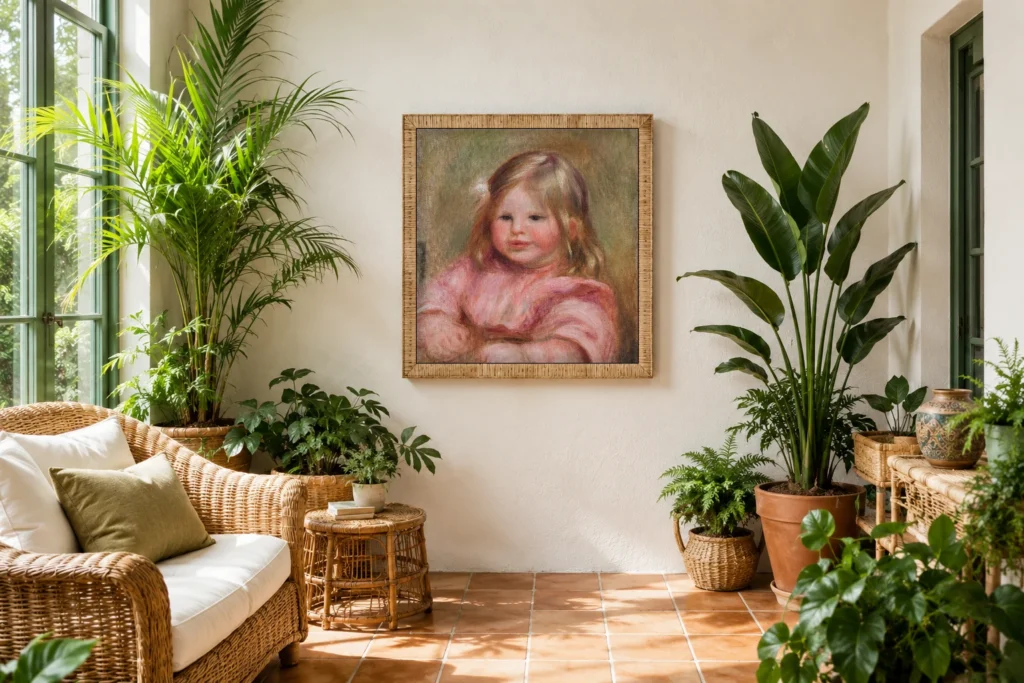 Framed print of Coco on a pink background hanging on a wall in a furnished room