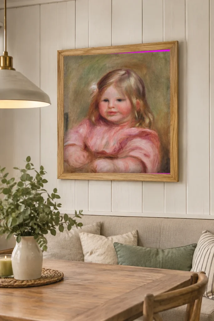 Framed print of Coco on a pink background hanging on a wall in a furnished room