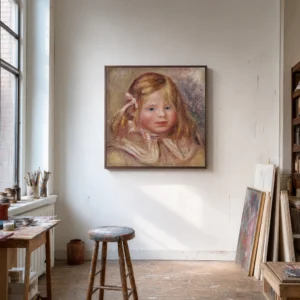 Framed print of Coco with pink ribbon hanging on a wall in a furnished room