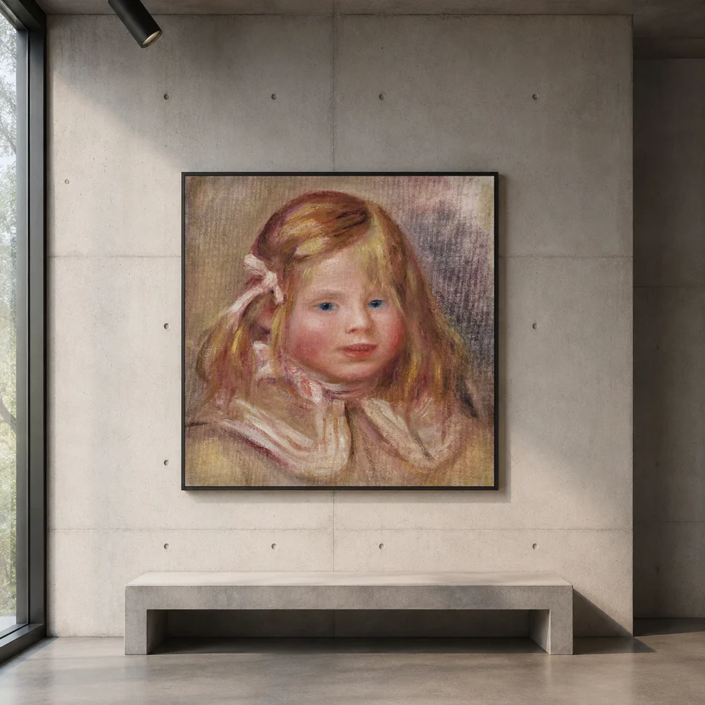 Framed print of Coco with pink ribbon hanging on a wall in a furnished room